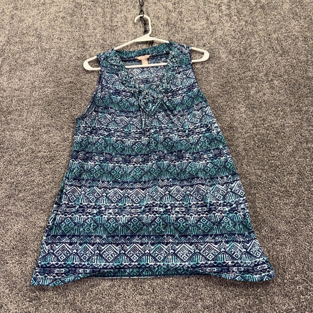 White Stag Tank Top Womens XL Blue Geometric V Neck Tunic Summer Casual